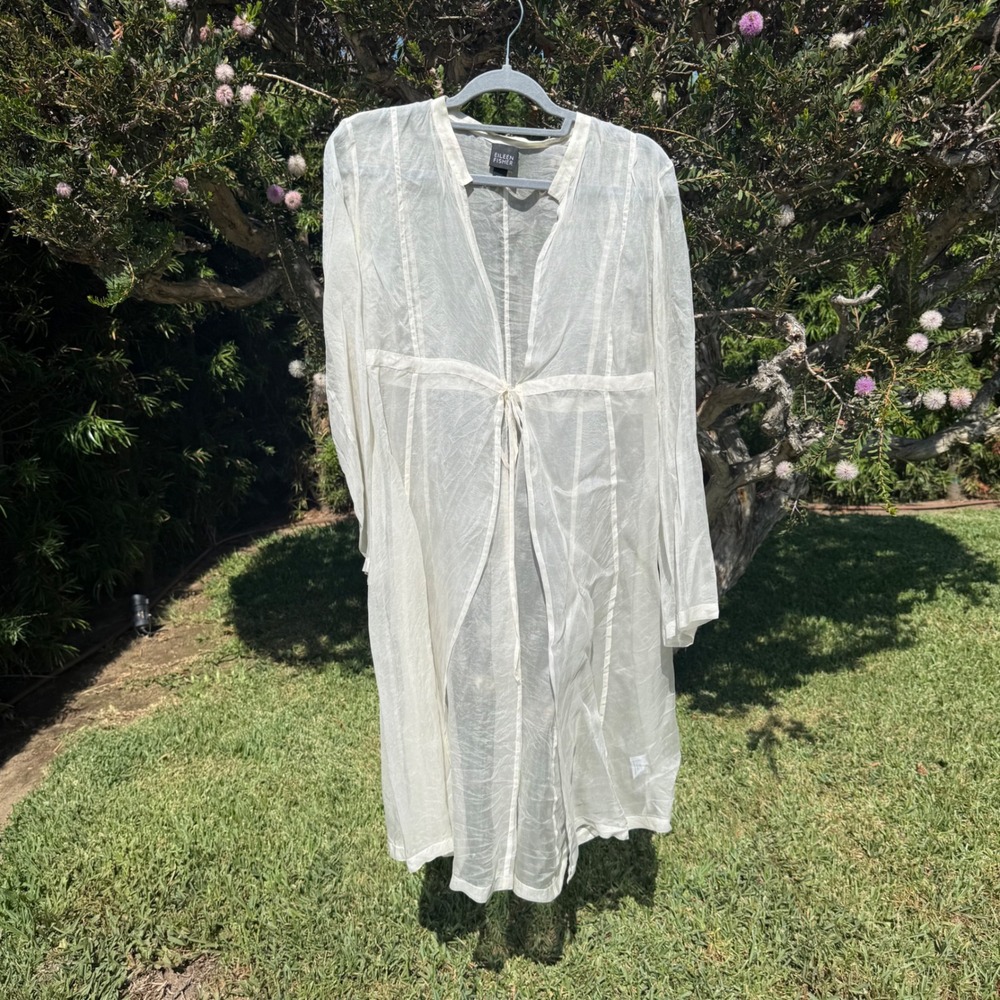 Eileen Fisher Ivory Silk Sheer Duster Cardigan Tie Front Longline Top Large